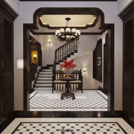 Thiết kế nội thất biệt thự Vinhomes phong cách Indochine - cầu thang - 2