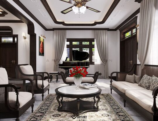 Thiết kế nội thất biệt thự Vinhomes phong cách Indochine - phòng khách - 2