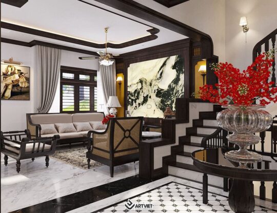 Thiết kế nội thất biệt thự Vinhomes phong cách Indochine - phòng khách - 3