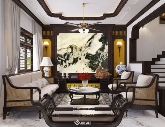 Thiết kế nội thất biệt thự Vinhomes phong cách Indochine - phòng khách - 4