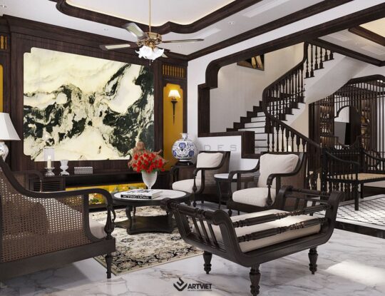 Thiết kế nội thất biệt thự Vinhomes phong cách Indochine - phòng khách - 5