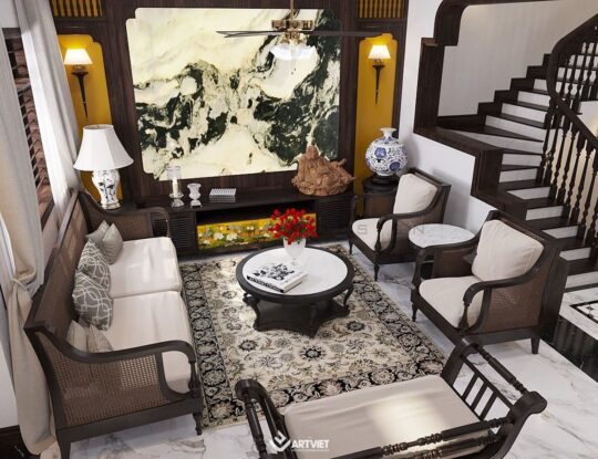 Thiết kế nội thất biệt thự Vinhomes phong cách Indochine - phòng khách - 6