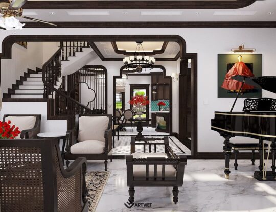 Thiết kế nội thất biệt thự Vinhomes phong cách Indochine - phòng khách - 7